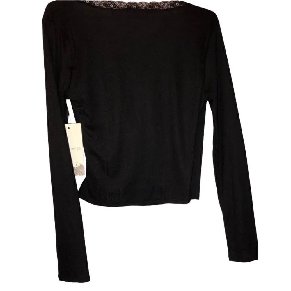 NWT LOVE WINS Women’s Black Top Blouse Open V-Neck Lace Detail Long Sleeves